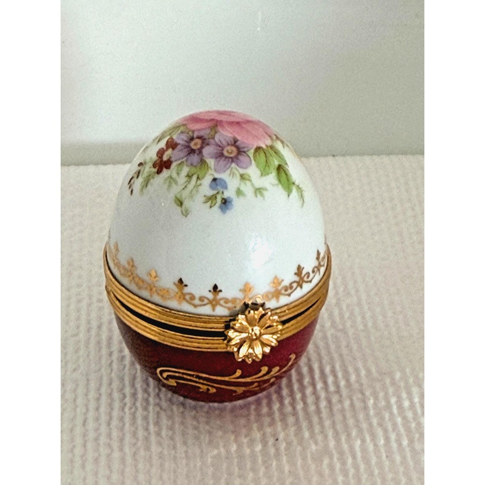 Limoges France Peint Mein Egg Shaped Trinket Box w/ pink Rose Motif